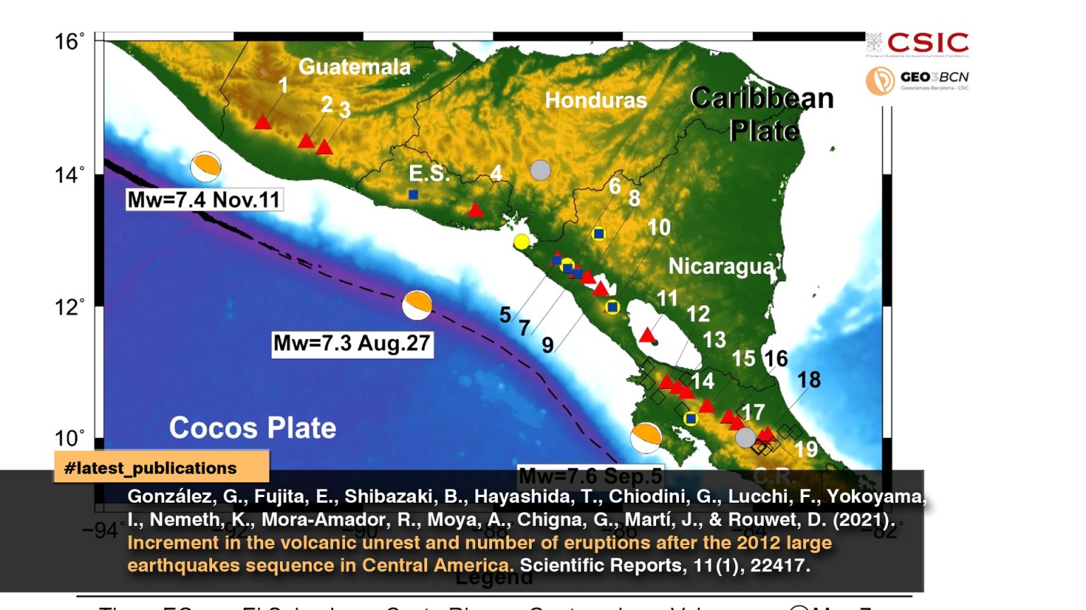 Increment in the volcanic unrest and number of eruptions after the 2012 large earthquakes sequence in Central America